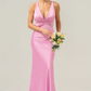 Mermaid V-Neck Sleeveless Satin Floor-Length Knot Bow Bridesmaid Dress