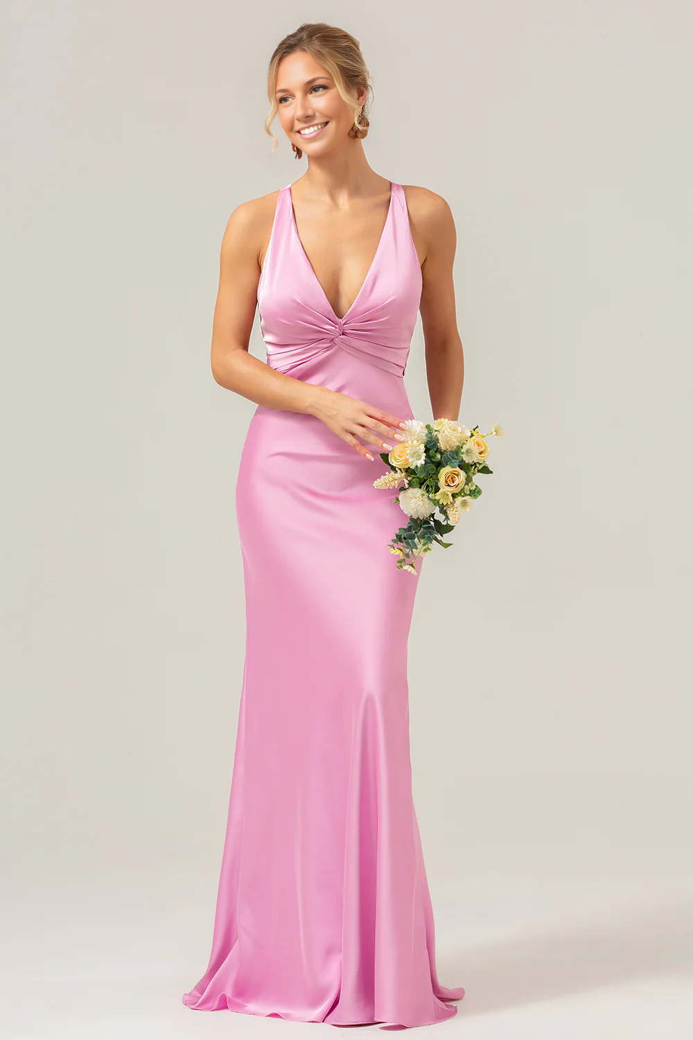 Mermaid V-Neck Sleeveless Satin Floor-Length Knot Bow Bridesmaid Dress