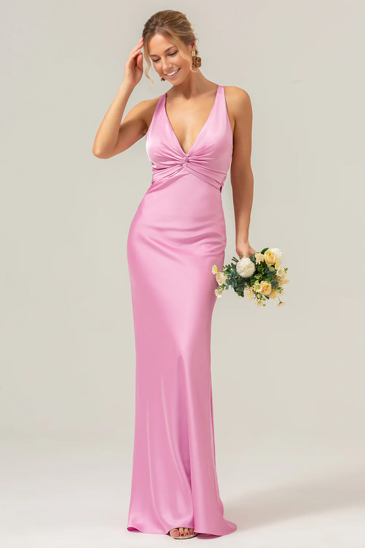 Mermaid V-Neck Sleeveless Satin Floor-Length Knot Bow Bridesmaid Dress
