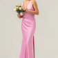 Mermaid V-Neck Sleeveless Satin Floor-Length Knot Bow Bridesmaid Dress