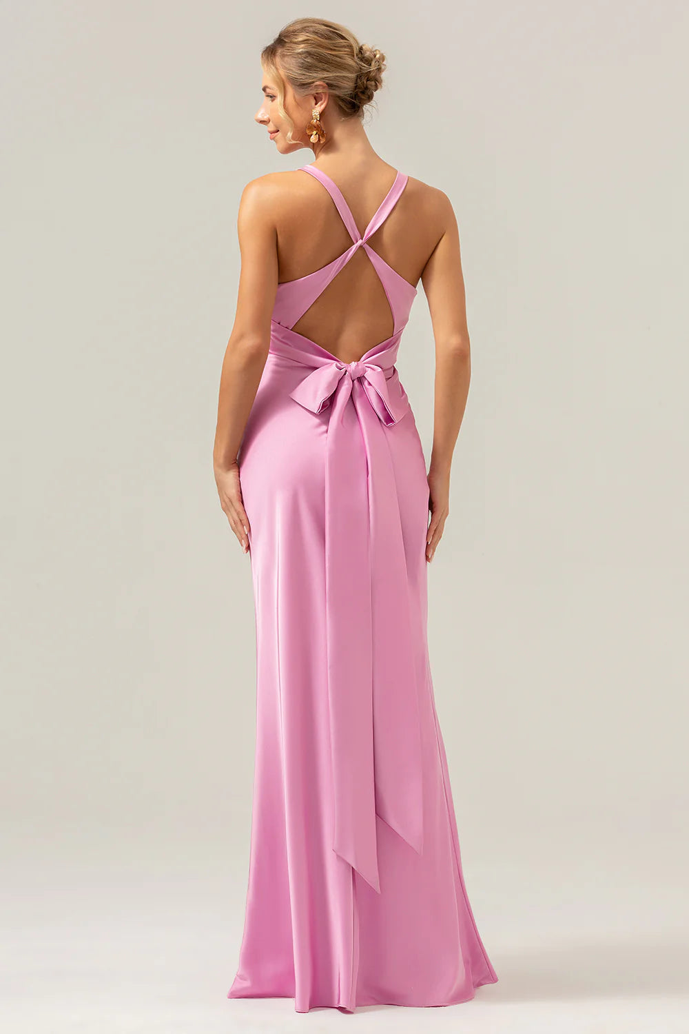 Mermaid V-Neck Sleeveless Satin Floor-Length Knot Bow Bridesmaid Dress