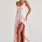 Satin Cowl Neck High Slit Maxi Dress with Lace-Up Back - Formal Evening Gown