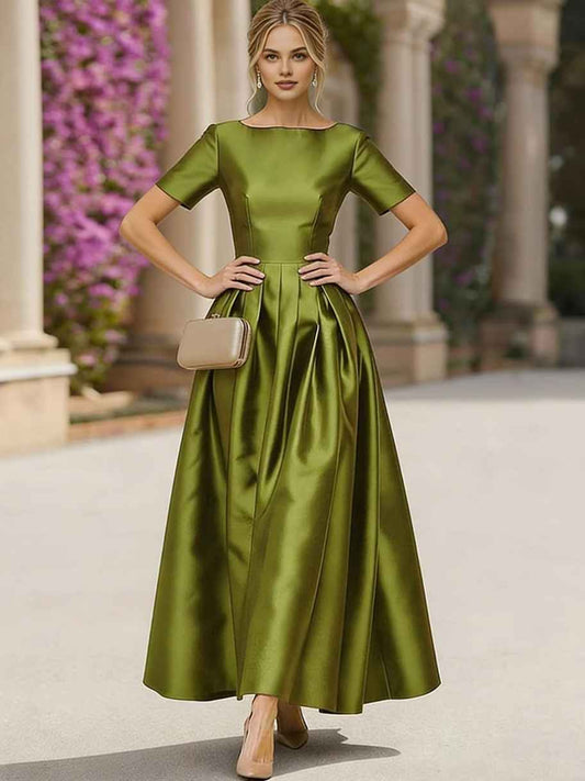 Satin A-Line Midi Dress | Boat Neck Short Sleeve Formal Cocktail Party Dress