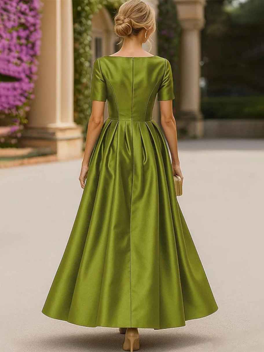 Satin A-Line Midi Dress | Boat Neck Short Sleeve Formal Cocktail Party Dress