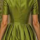 Satin A-Line Midi Dress | Boat Neck Short Sleeve Formal Cocktail Party Dress