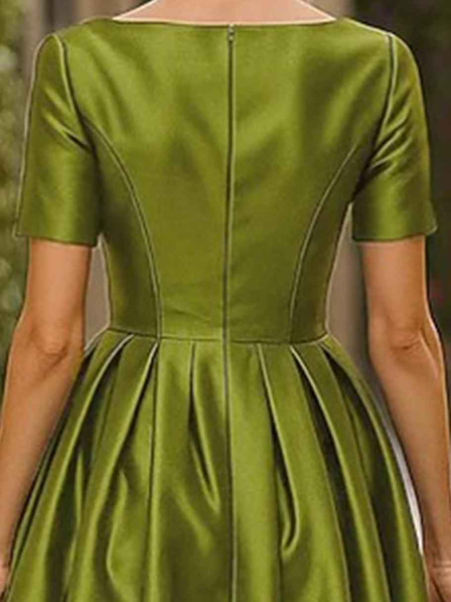 Satin A-Line Midi Dress | Boat Neck Short Sleeve Formal Cocktail Party Dress
