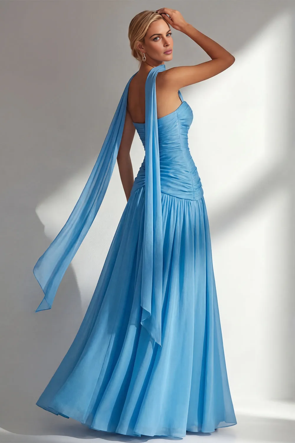Elegant A-line Strapless Sleeveless Chiffon Floor-Length Ruched Bridesmaid Dress