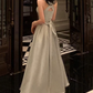 Satin Maxi Dress for Women - Square Neck A-Line Formal Evening Gown