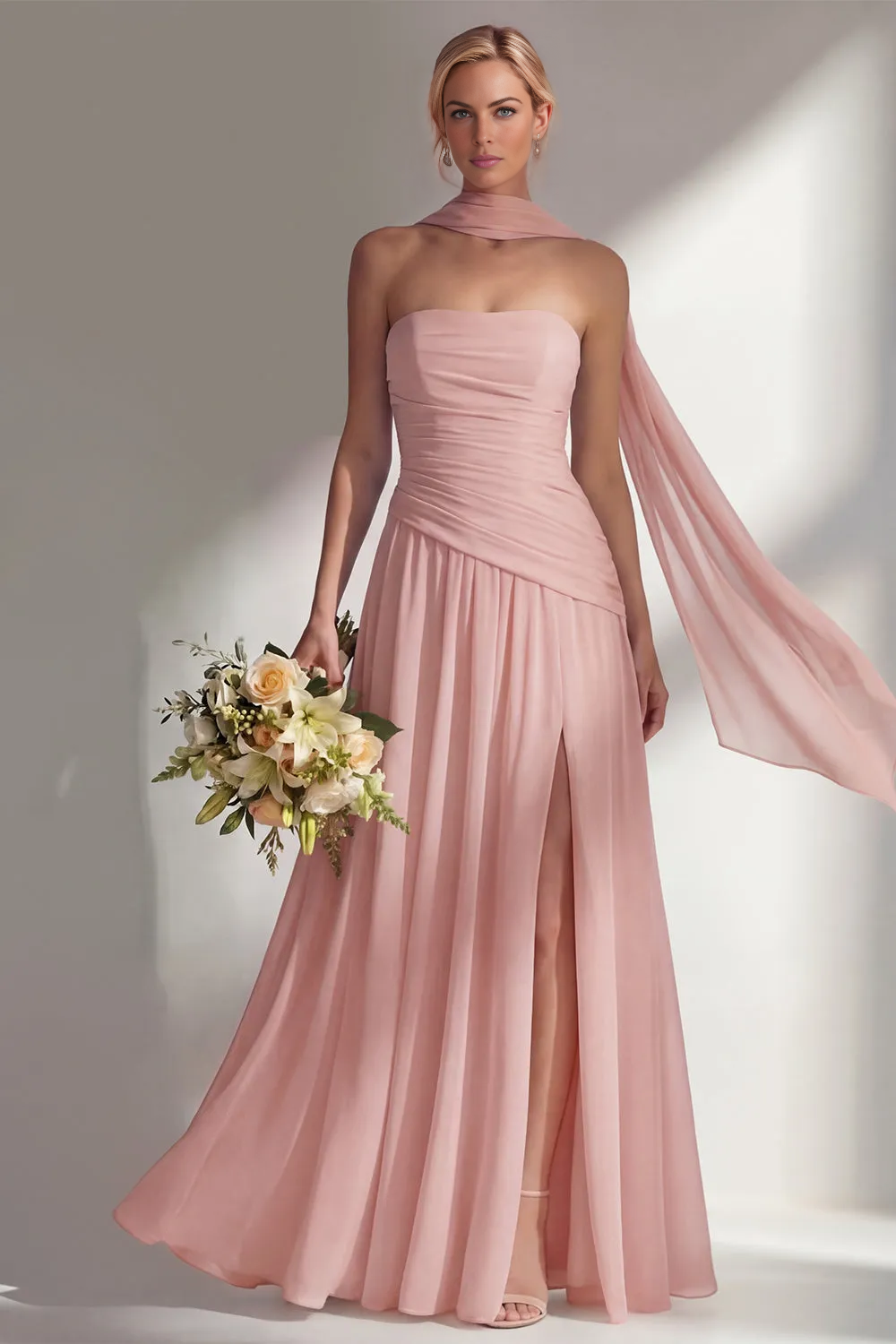 Elegant A-line Strapless Sleeveless Chiffon Floor-Length Ruched Bridesmaid Dress