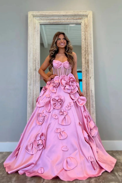 3D Floral Ball Strapless Bow Sheer Corset Thin Strap Floor Formal Gown