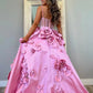 3D Floral Ball Strapless Bow Sheer Corset Thin Strap Floor Formal Gown