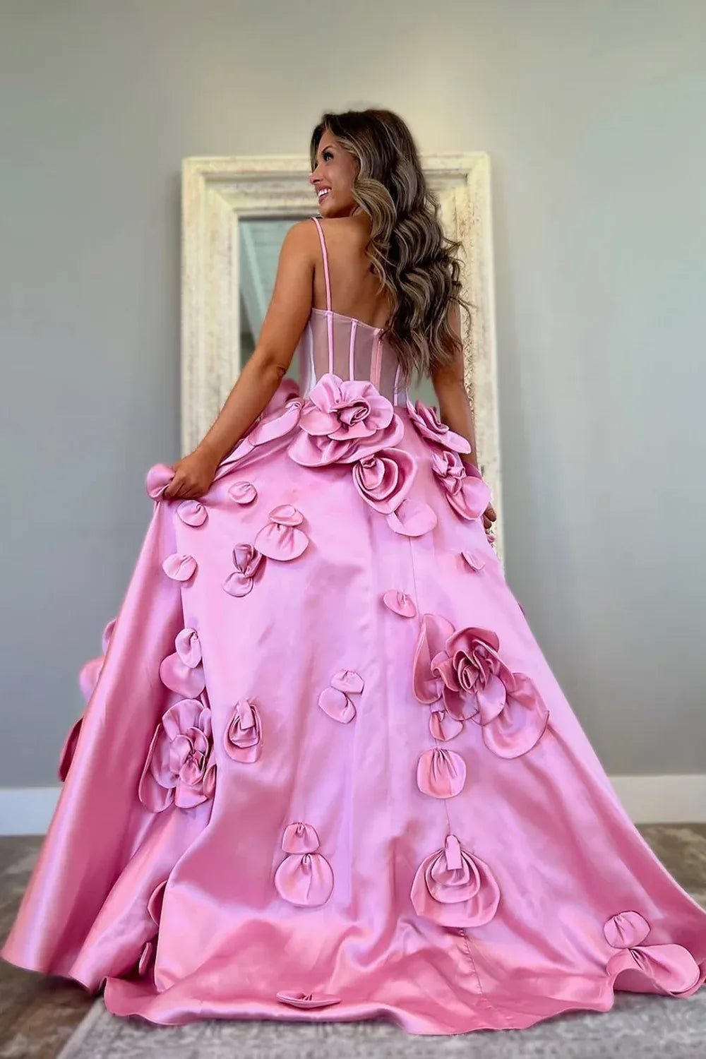 3D Floral Ball Strapless Bow Sheer Corset Thin Strap Floor Formal Gown