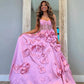 3D Floral Ball Strapless Bow Sheer Corset Thin Strap Floor Formal Gown