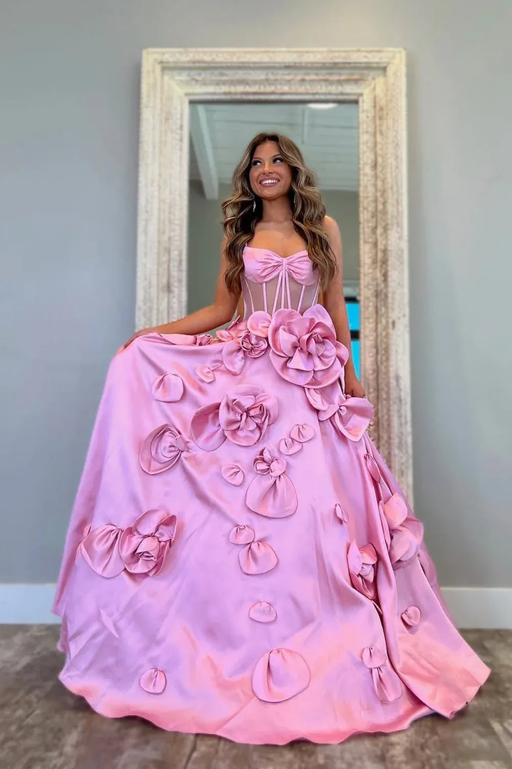 3D Floral Ball Strapless Bow Sheer Corset Thin Strap Floor Formal Gown