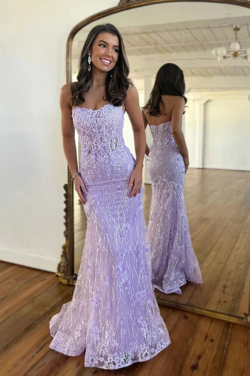3D Floral Lace Mermaid Strapless Sweetheart Zip Back Train Prom Gown