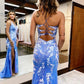 3D Floral Mermaid Thin Strap V Cutout Crisscross Lace-Up Slit Train Prom Gown