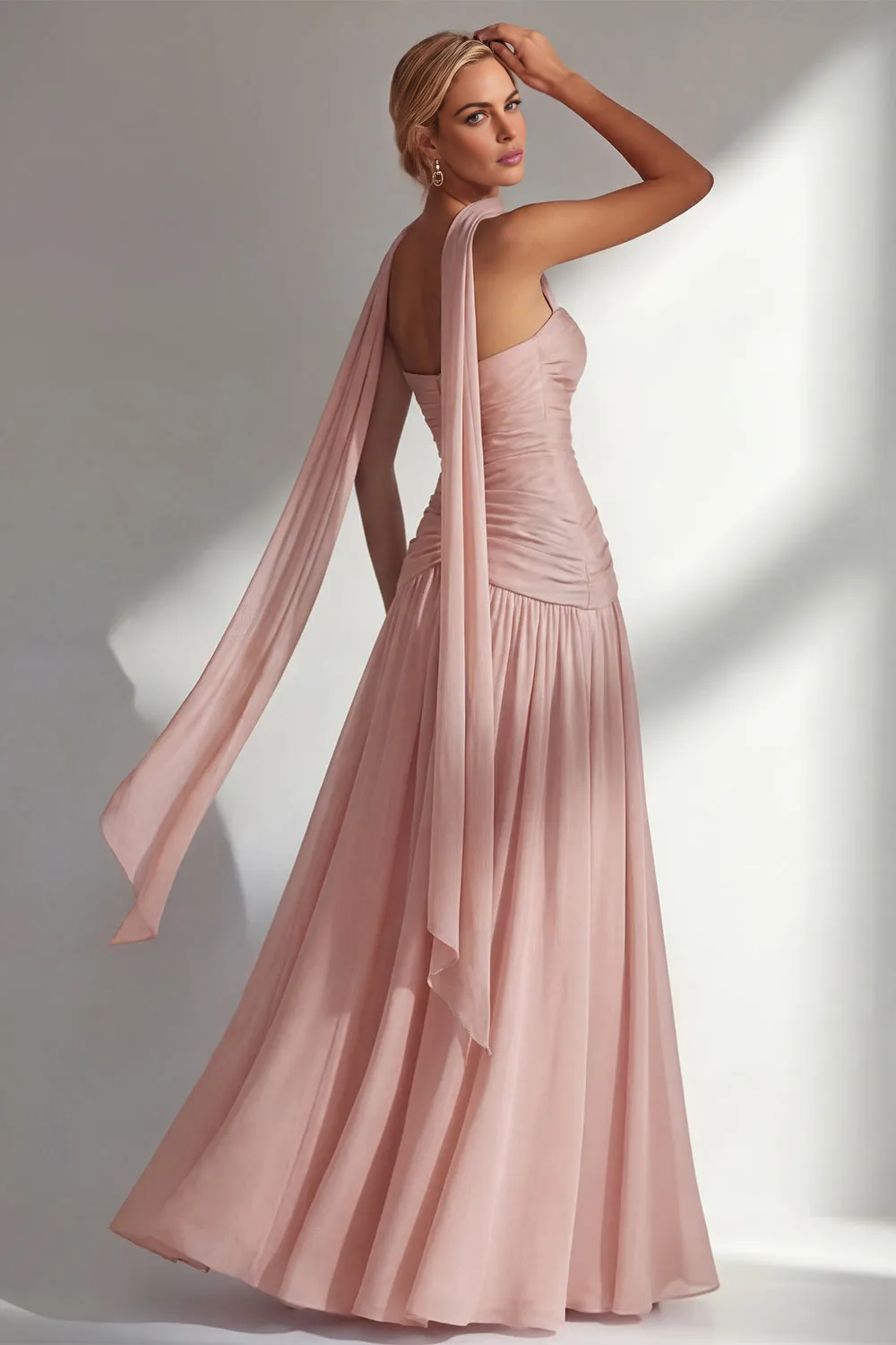 Elegant A-line Strapless Sleeveless Chiffon Floor-Length Ruched Bridesmaid Dress