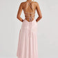 Satin Cowl Neck High Slit Maxi Dress with Lace-Up Back - Formal Evening Gown