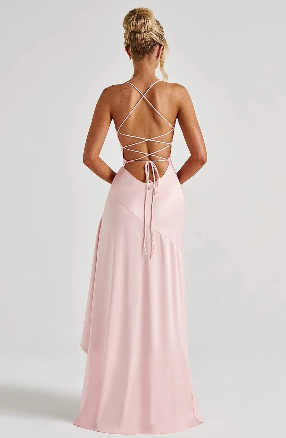 Satin Cowl Neck High Slit Maxi Dress with Lace-Up Back - Formal Evening Gown