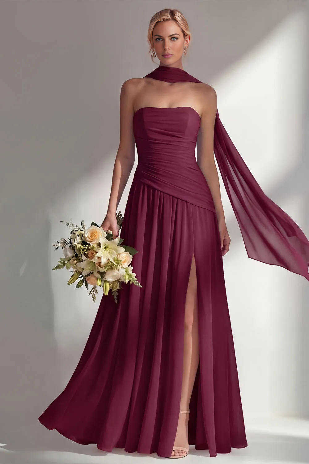 Elegant A-line Strapless Sleeveless Chiffon Floor-Length Ruched Bridesmaid Dress