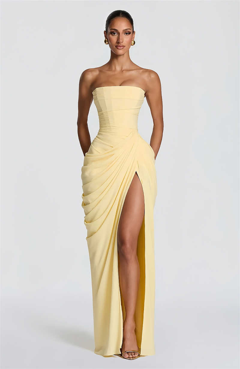 Lemon Yellow Off-the Shoulder Strapless Corset Draped Maxi Dress with High Slit Evening Gown