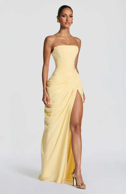 Lemon Yellow Off-the Shoulder Strapless Corset Draped Maxi Dress with High Slit Evening Gown