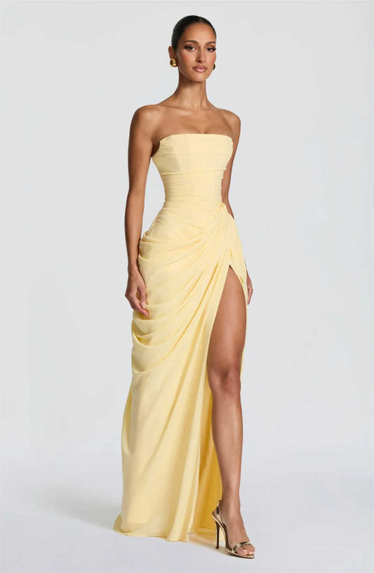 Lemon Yellow Off-the Shoulder Strapless Corset Draped Maxi Dress with High Slit Evening Gown