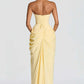 Lemon Yellow Off-the Shoulder Strapless Corset Draped Maxi Dress with High Slit Evening Gown