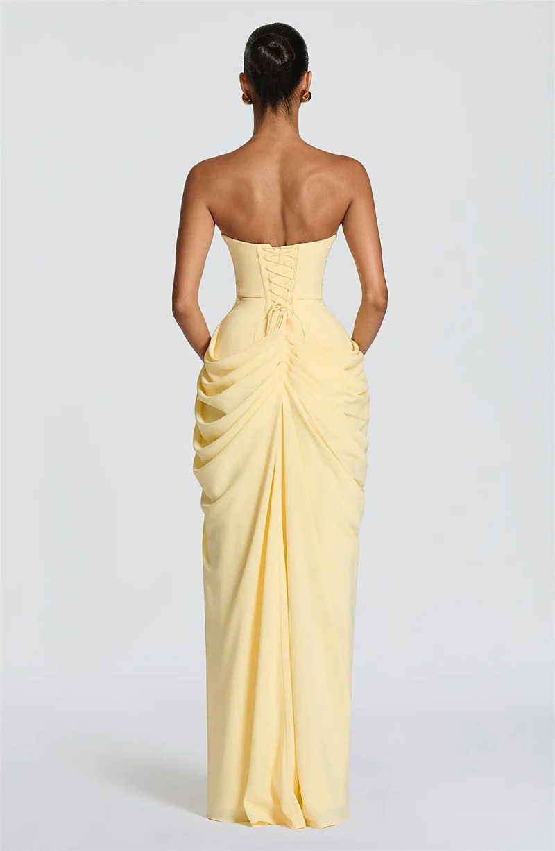 Lemon Yellow Off-the Shoulder Strapless Corset Draped Maxi Dress with High Slit Evening Gown