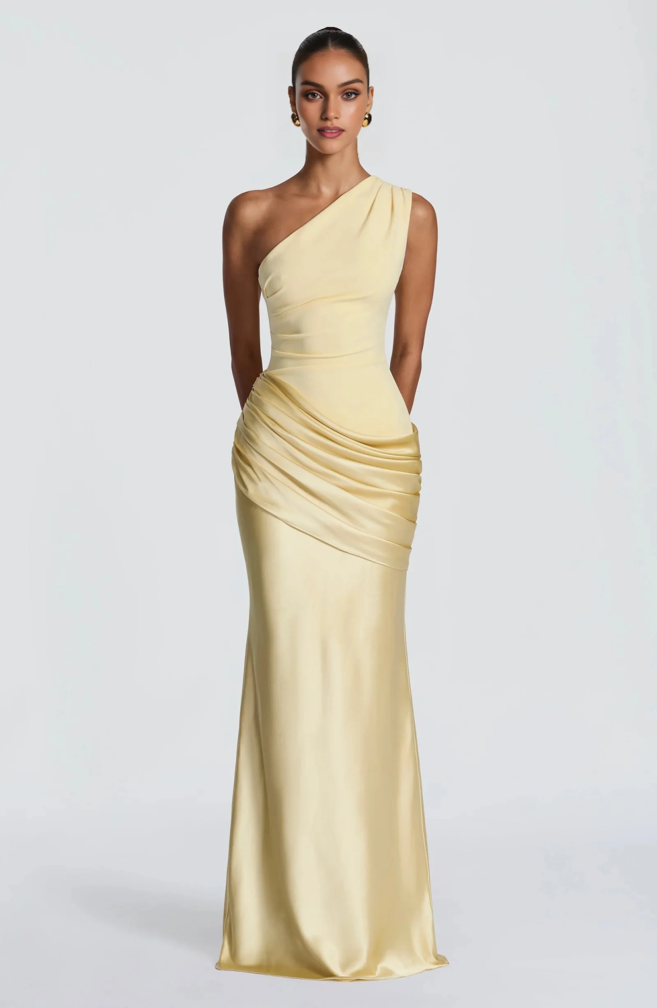 One Shoulder Satin Evening Gown - Ruched Waist Mermaid Formal Dress for Weddings, Galas & Black Tie Events