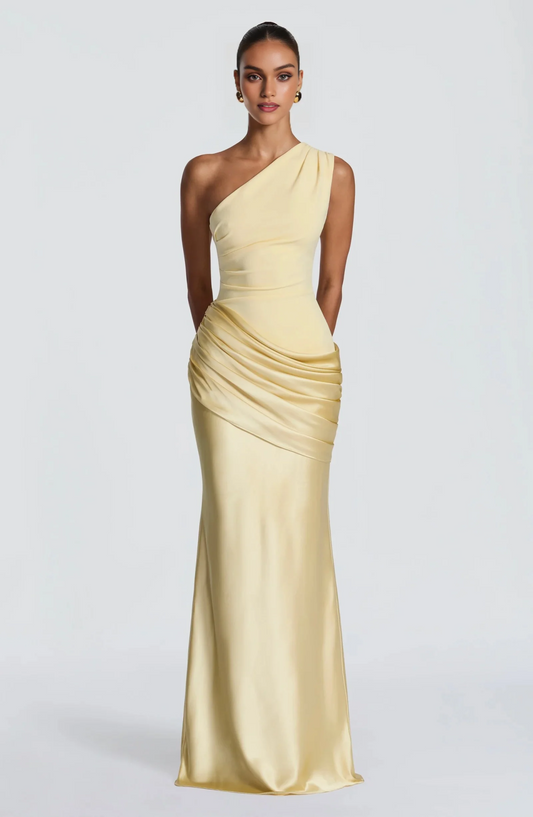 One Shoulder Satin Evening Gown - Ruched Waist Mermaid Formal Dress for Weddings, Galas & Black Tie Events
