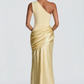 One Shoulder Satin Evening Gown - Ruched Waist Mermaid Formal Dress for Weddings, Galas & Black Tie Events
