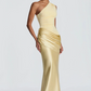 One Shoulder Satin Evening Gown - Ruched Waist Mermaid Formal Dress for Weddings, Galas & Black Tie Events