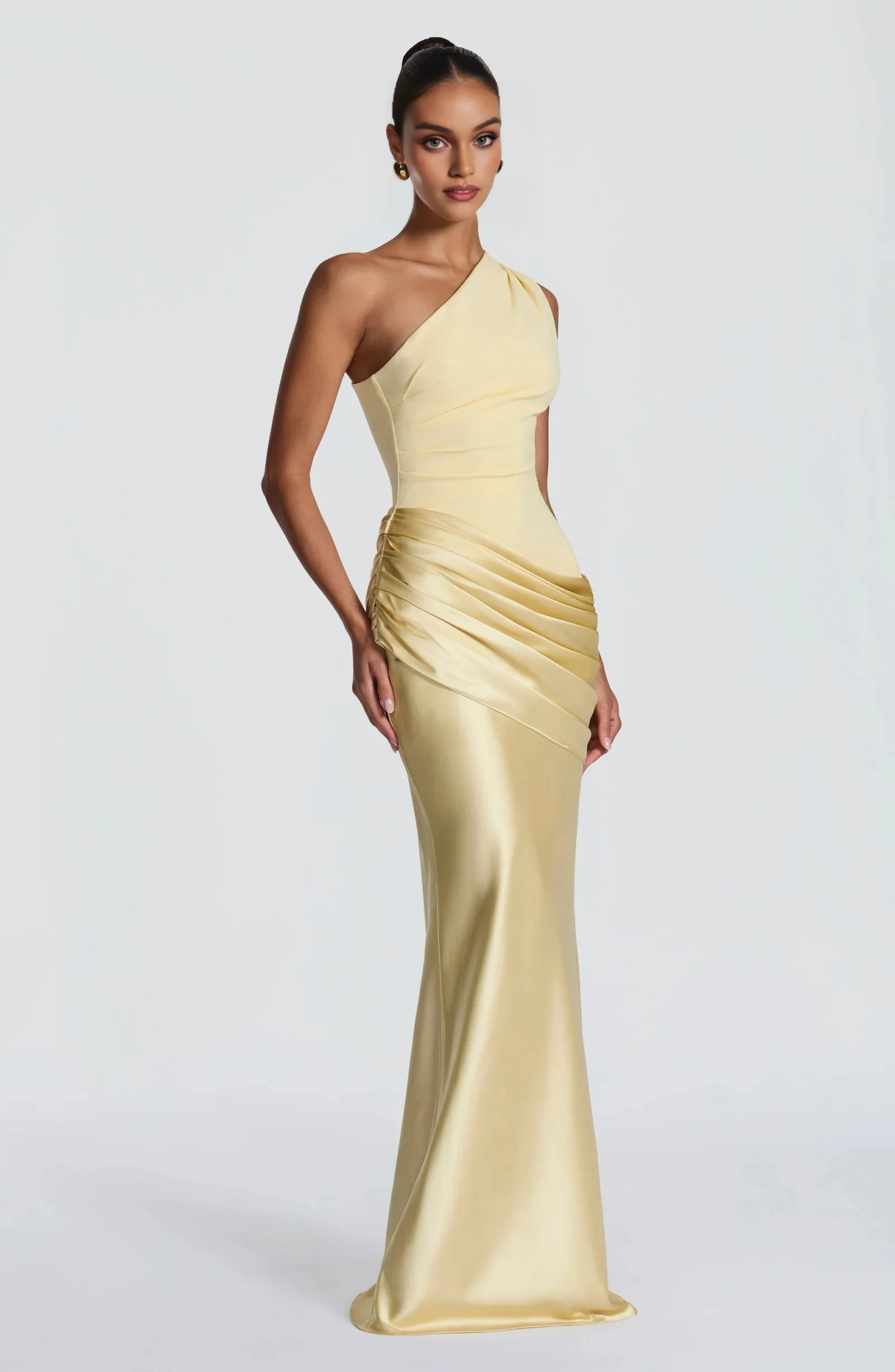 One Shoulder Satin Evening Gown - Ruched Waist Mermaid Formal Dress for Weddings, Galas & Black Tie Events