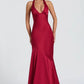 Satin Halter Neck Deep V Mermaid Evening Gown with Lace-Up Back & Train
