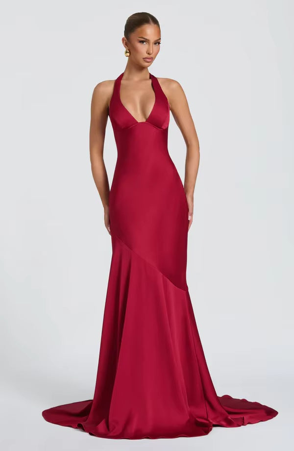 Satin Halter Neck Deep V Mermaid Evening Gown with Lace-Up Back & Train