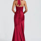 Satin Halter Neck Deep V Mermaid Evening Gown with Lace-Up Back & Train