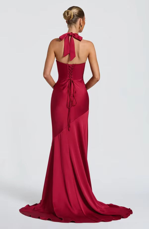 Satin Halter Neck Deep V Mermaid Evening Gown with Lace-Up Back & Train