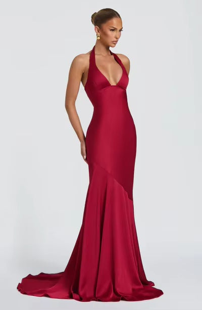 Satin Halter Neck Deep V Mermaid Evening Gown with Lace-Up Back & Train