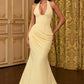 Elegant Bodycon Ruched Waist Halter Deep V-Neck Corset Back Mermaid Gown