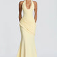 Elegant Bodycon Ruched Waist Halter Deep V-Neck Corset Back Mermaid Gown