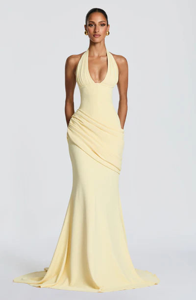 Elegant Bodycon Ruched Waist Halter Deep V-Neck Corset Back Mermaid Gown