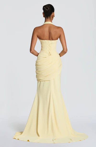 Elegant Bodycon Ruched Waist Halter Deep V-Neck Corset Back Mermaid Gown