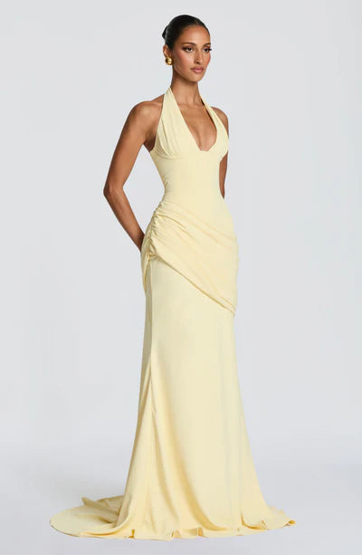 Elegant Bodycon Ruched Waist Halter Deep V-Neck Corset Back Mermaid Gown