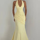 Elegant Bodycon Ruched Waist Halter Deep V-Neck Corset Back Mermaid Gown