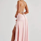 Satin Cowl Neck High Slit Maxi Dress with Lace-Up Back - Formal Evening Gown