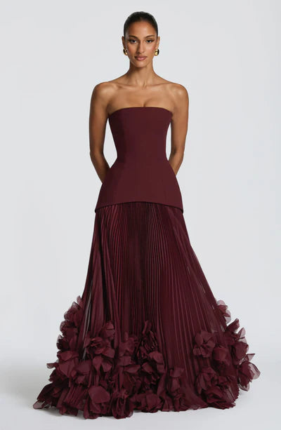 Strapless Corset Gown with Pleated Skirt & 3D Floral Hem Lace-up back Prom Dress