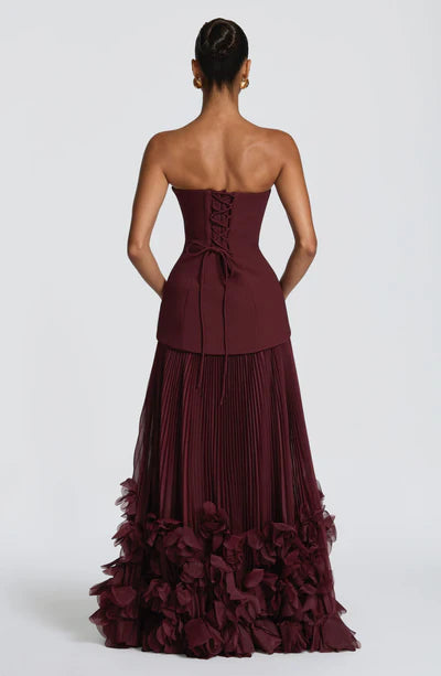 Strapless Corset Gown with Pleated Skirt & 3D Floral Hem Lace-up back Prom Dress