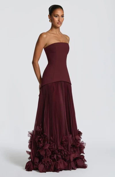 Strapless Corset Gown with Pleated Skirt & 3D Floral Hem Lace-up back Prom Dress