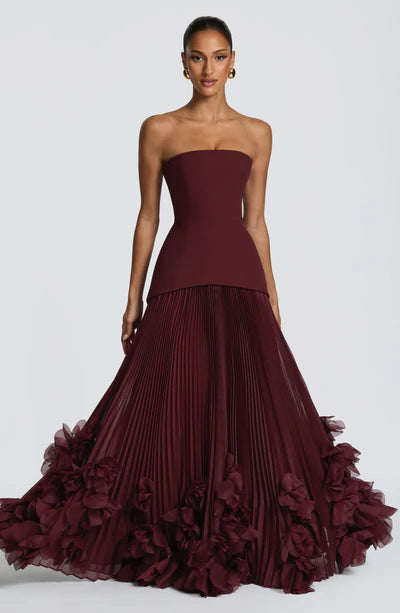 Strapless Corset Gown with Pleated Skirt & 3D Floral Hem Lace-up back Prom Dress
